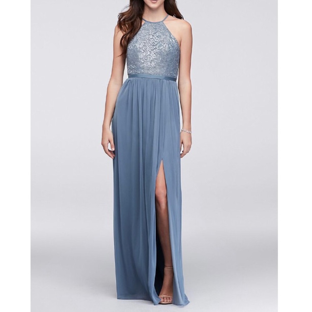 Open-Back Lace & Mesh Dress in Steel Blue Metallic